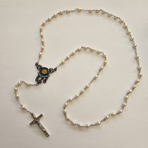 Vintage Rosary Necklace victorian revival art deco vampire Pearl Y drop - Picture 2 of 8